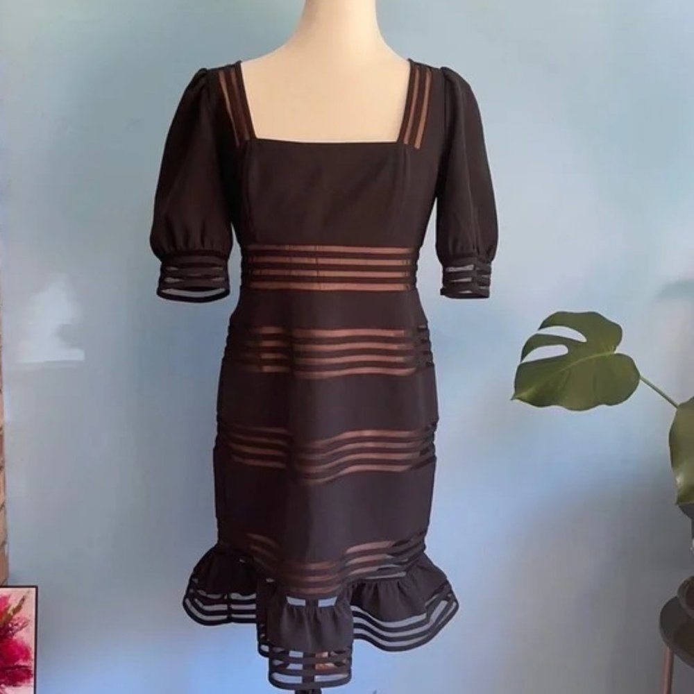 NEW* BCBGMaxAzria Black Sheer Stripes Puff Sleeves Dress Size 10 $298 - Picture 4 of 5